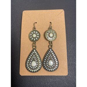 Vintage Bohemian Dangle Earrings Teardrop Design Floral Accents Gold & Pearl